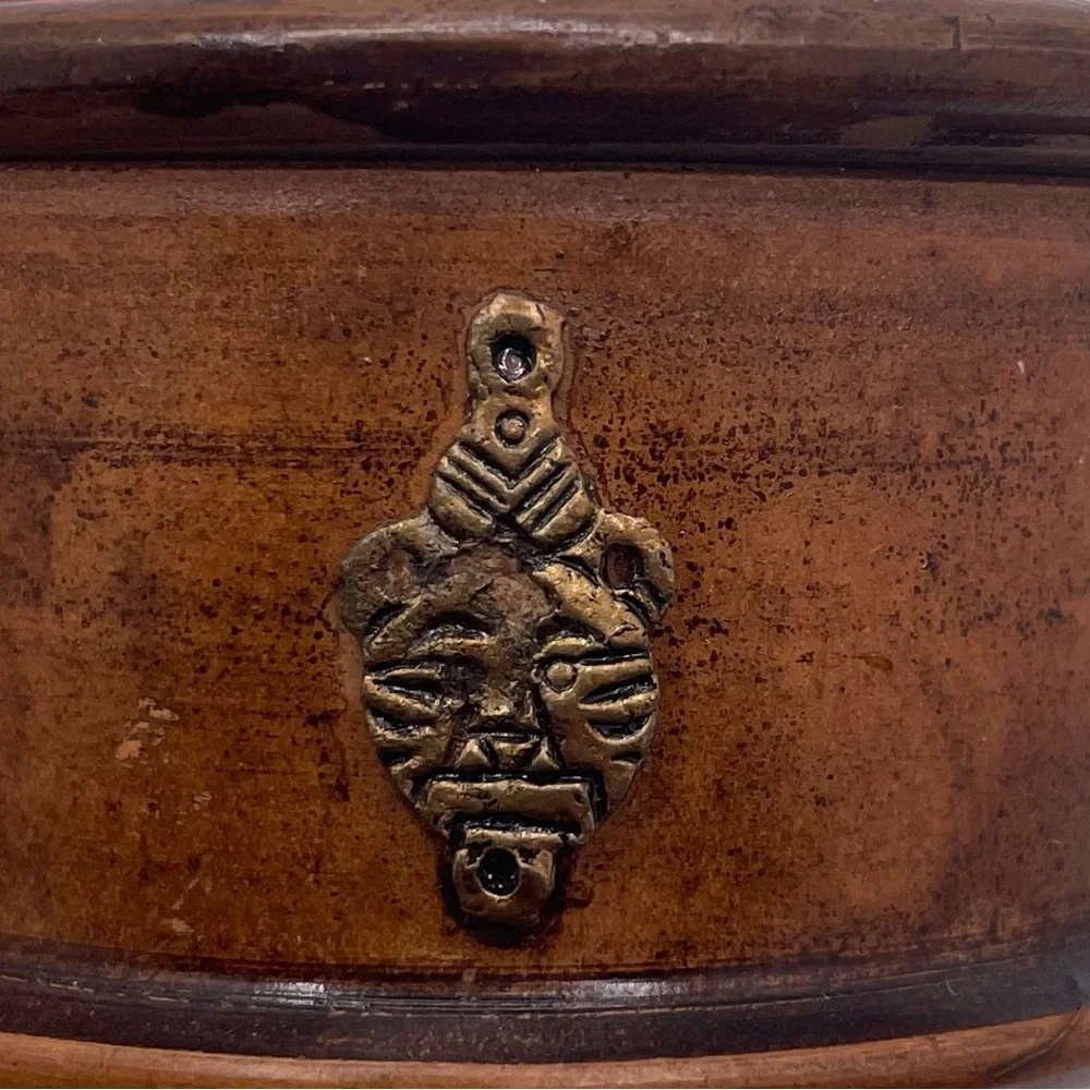 Round Clay Pottery  Trinket Box w/ Lid, Metal Tribal Inlays, Brown/Gold 3” x 2”